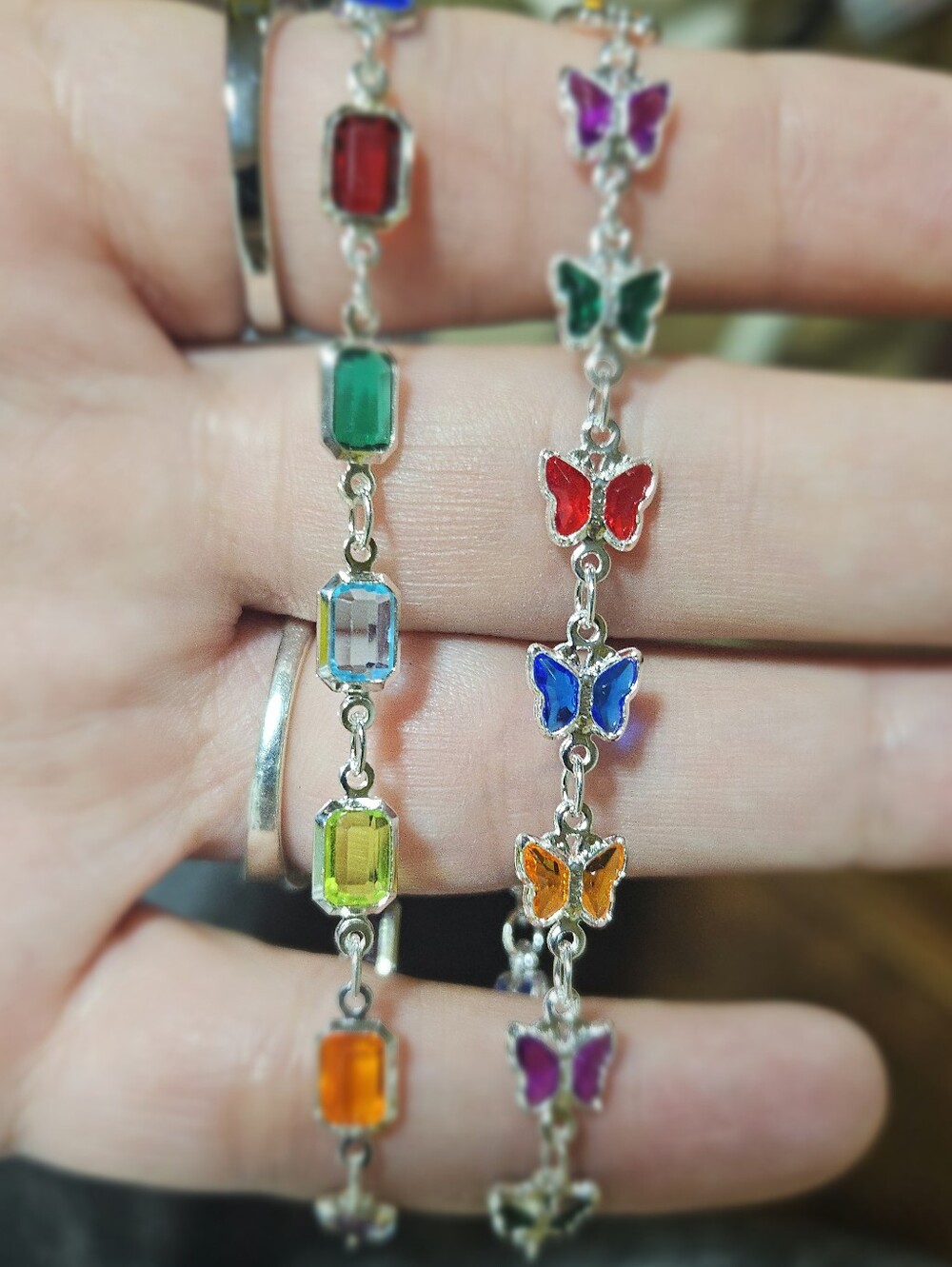 18k White Gold Filled Multicolor Gemstone & Butterfly  Bracelet Duo